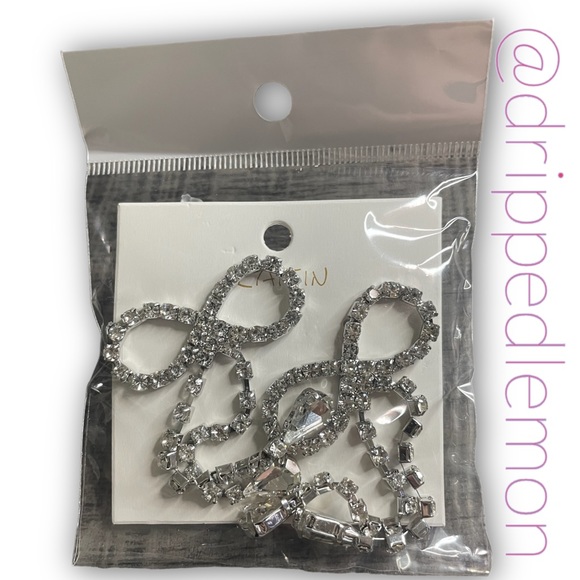 Big Bow Crystal Drop Silver Bling Earrings Women Long Tassel Rhinestone Sparkle - Picture 4 of 4